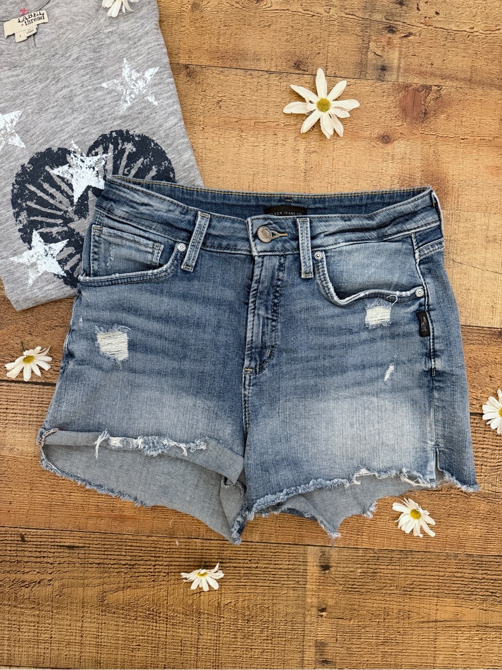 Distressed Denim Cutoff Shorts - Light Blue Silver Jeans Avery Curvy High Rise